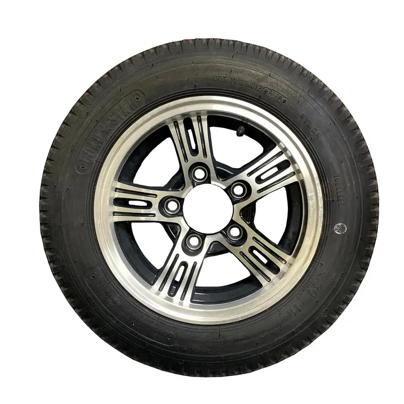 4.80 X 12" C-Load Bias-Ply Tire And Black Machined V-Spoke Aluminum Wheel 1