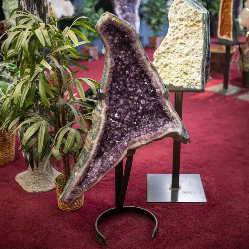 Amethyst Geode With Druzy Quartz On Sleek Black Iron Stand 1
