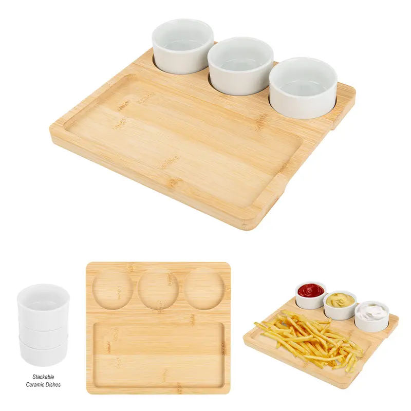 Bamboo Serving Tray With Removable Ceramic Bowls 1