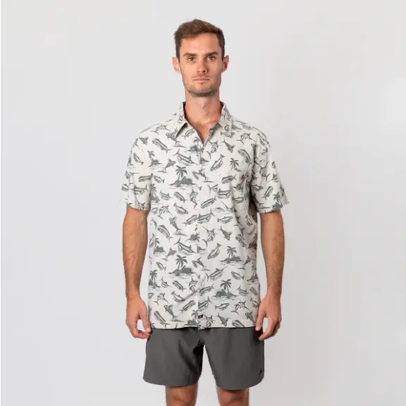 Beach & Barn Fish Islands Sport Shirt – Cream Tropical Pattern 1