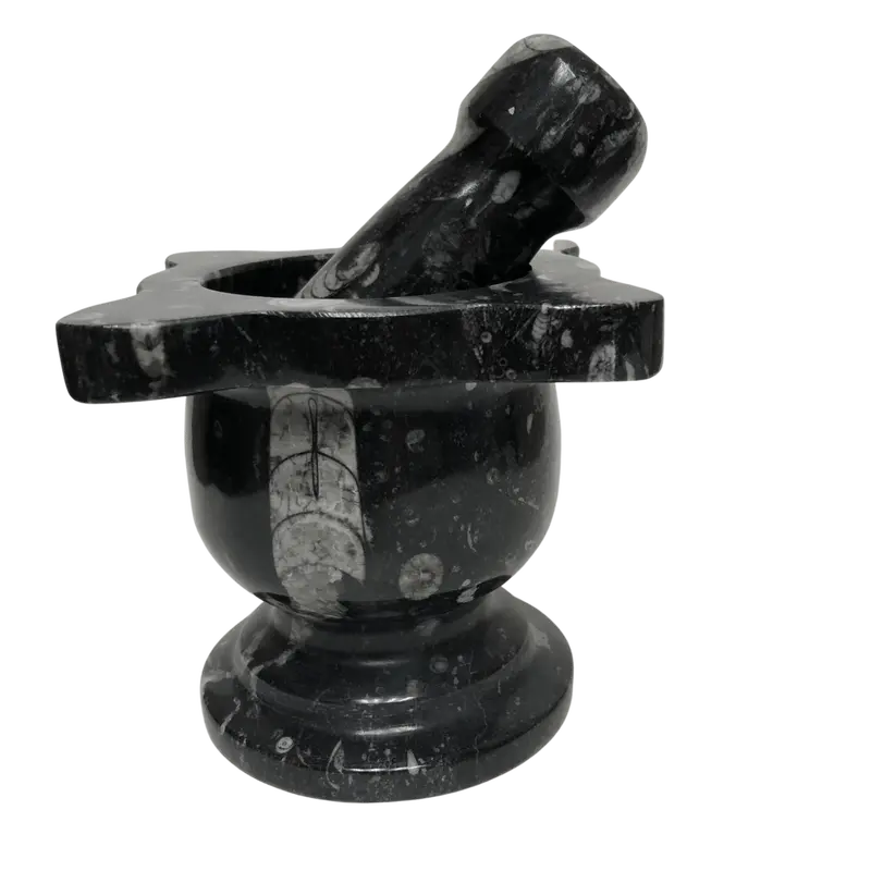 Black Fossil Stone Mortar And Pestle With Scalloped Rim 1