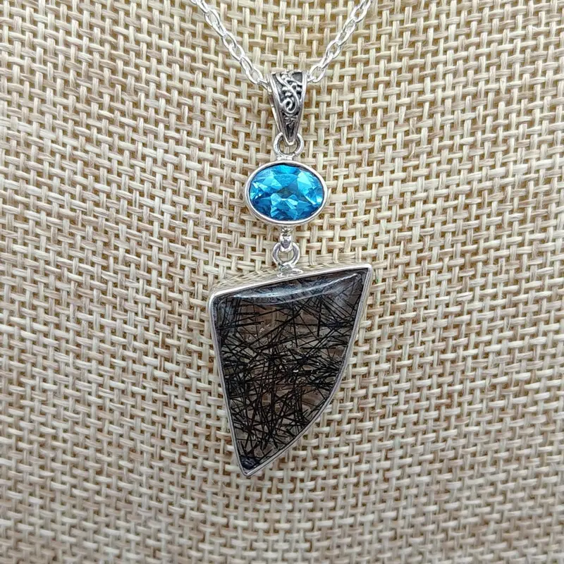 Black Rutilated Quartz And Blue Topaz Pendant Necklace 1