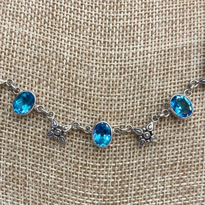 Blue Topaz And Floral Sterling Silver Necklace – Dainty Nature-Inspired Design 1