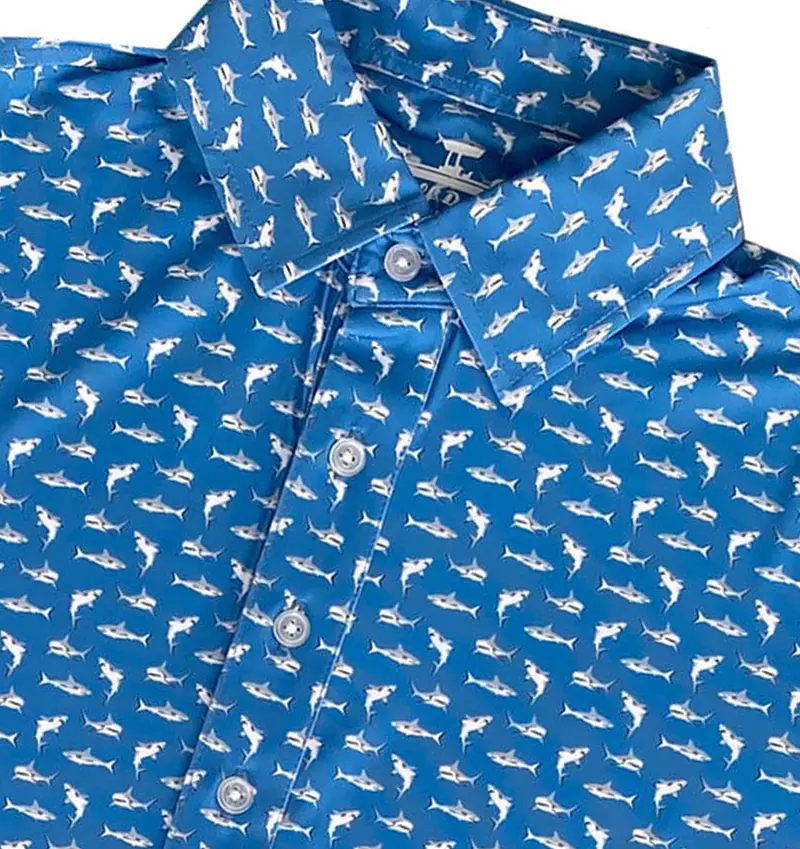 Blue Upcycled Polo – 'Shark Week' Theme 1