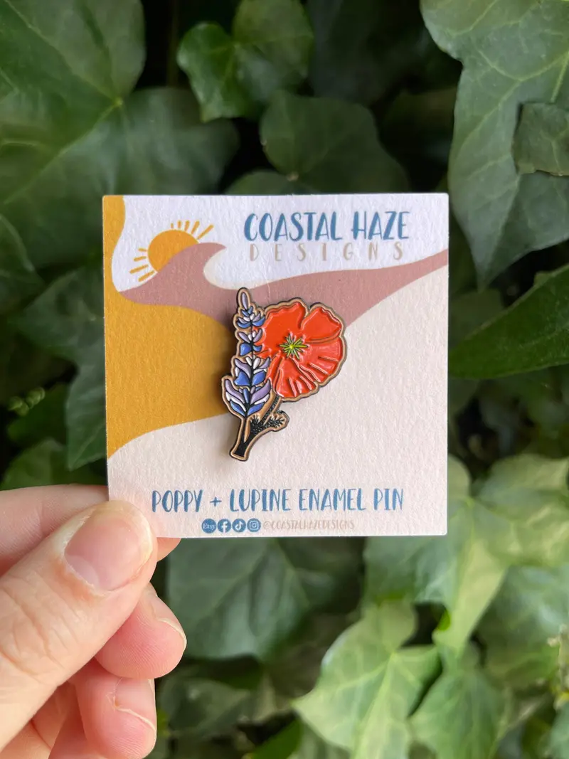 Botanical Poppy And Lupine Enamel Pin 1