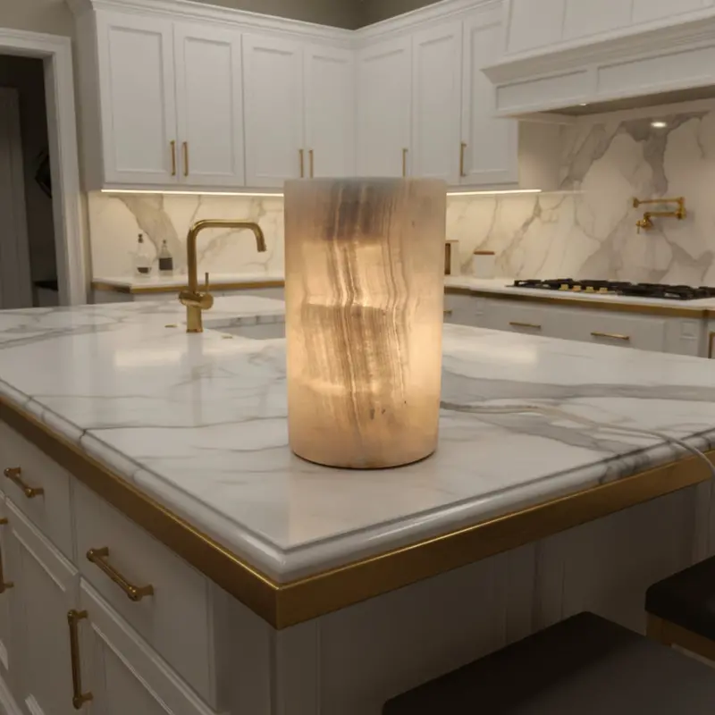 Carved Onyx Cylinder Lamp – Handcrafted Stone Table Light 1