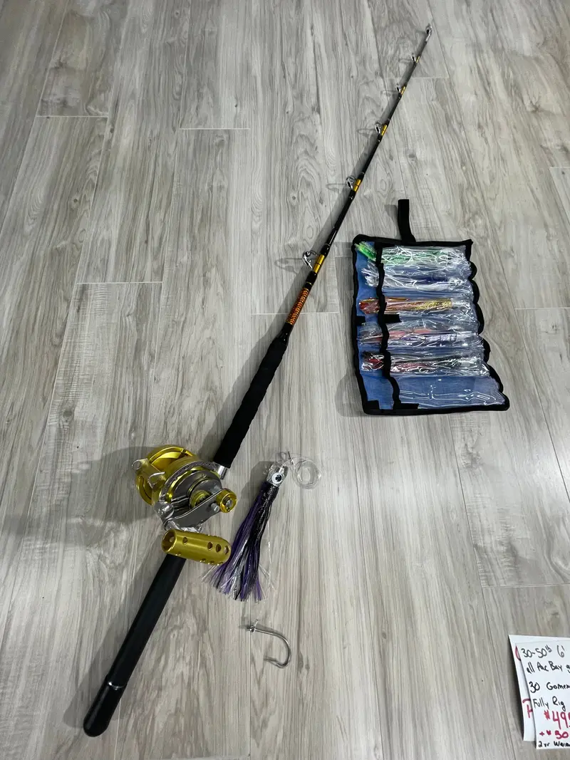 Complete Tuna Trolling Package – 50 Lb Roller Rod, 30W Reel & 6-Pack Lures 1