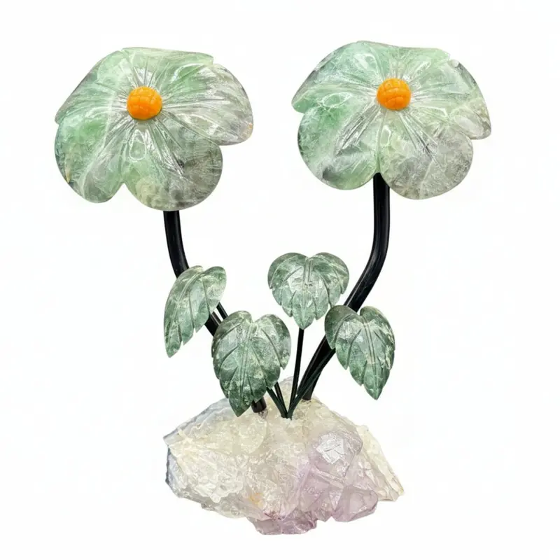 Double Fluorite Flower Sculpture On Amethyst Quartz Base 1