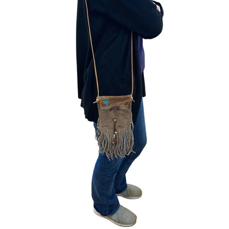Fringe-Trimmed Tan Leather Crossbody Purse 1