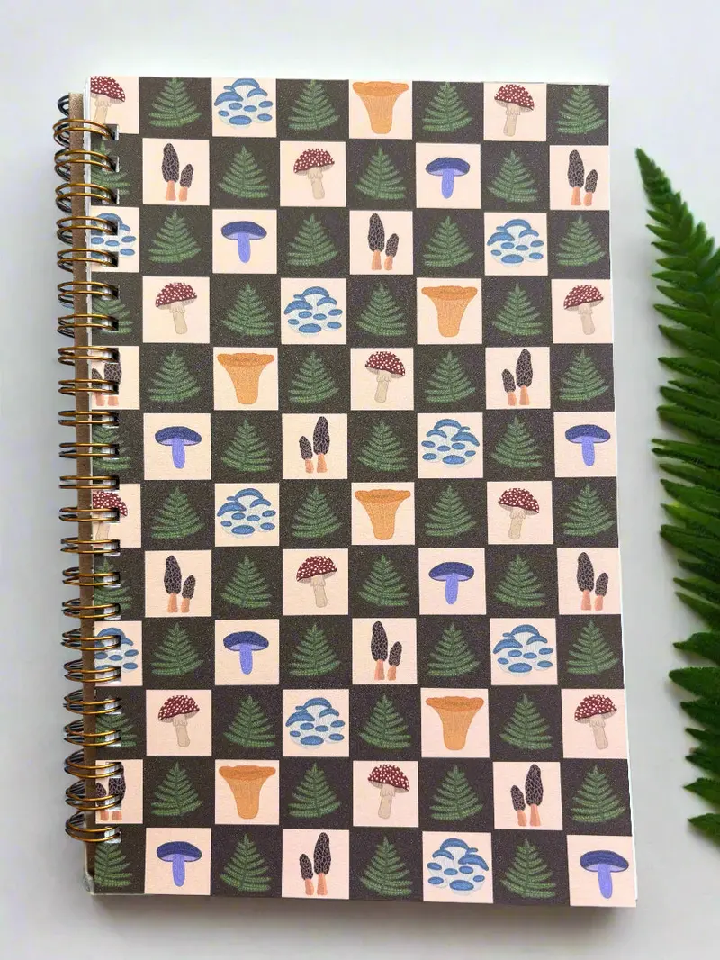 Funghi-Themed Checkered Mushroom Spiral Journal 1