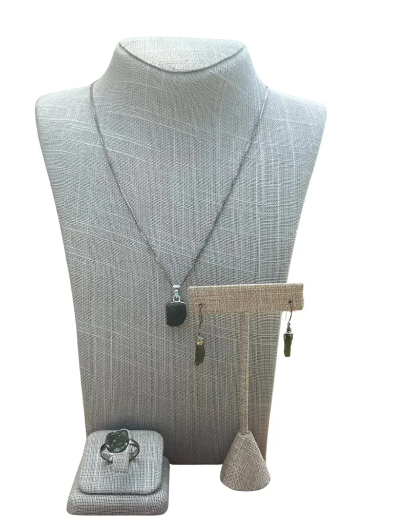 Green Moldavite Jewelry Set: Pendant, Earrings & Ring 1