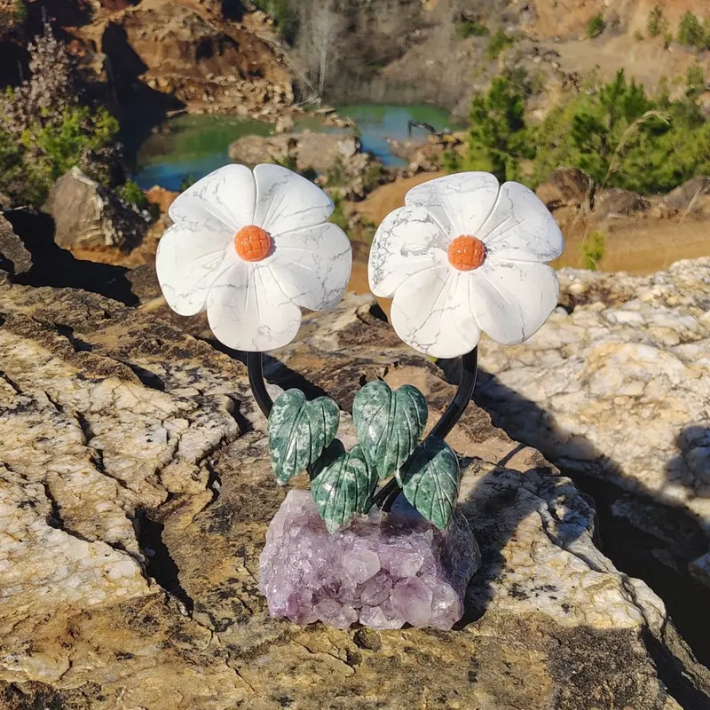 Hand-Carved White Howlite Flower On Crystal Base 1