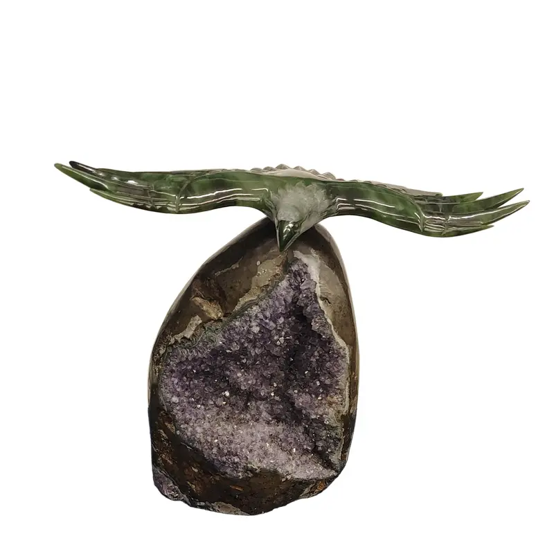 Jade Eagle Carving Mounted On Natural Amethyst Base 1