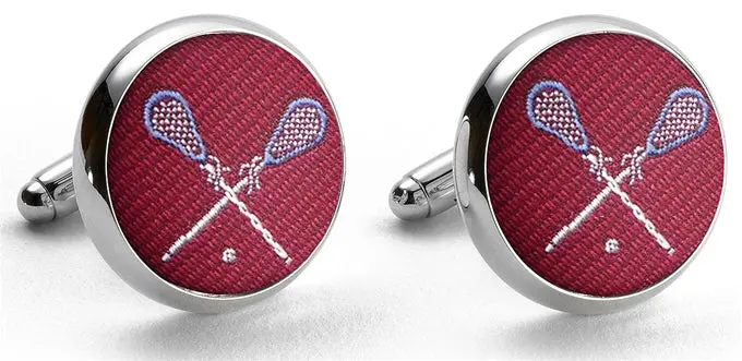 Lacrosse-Themed Woven Silk Cufflinks – Crimson Red 1
