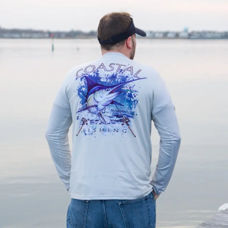 Men'S Coastal Gray Long Sleeve Quick-Dry Fishing Shirt – Marlin Graphic 1