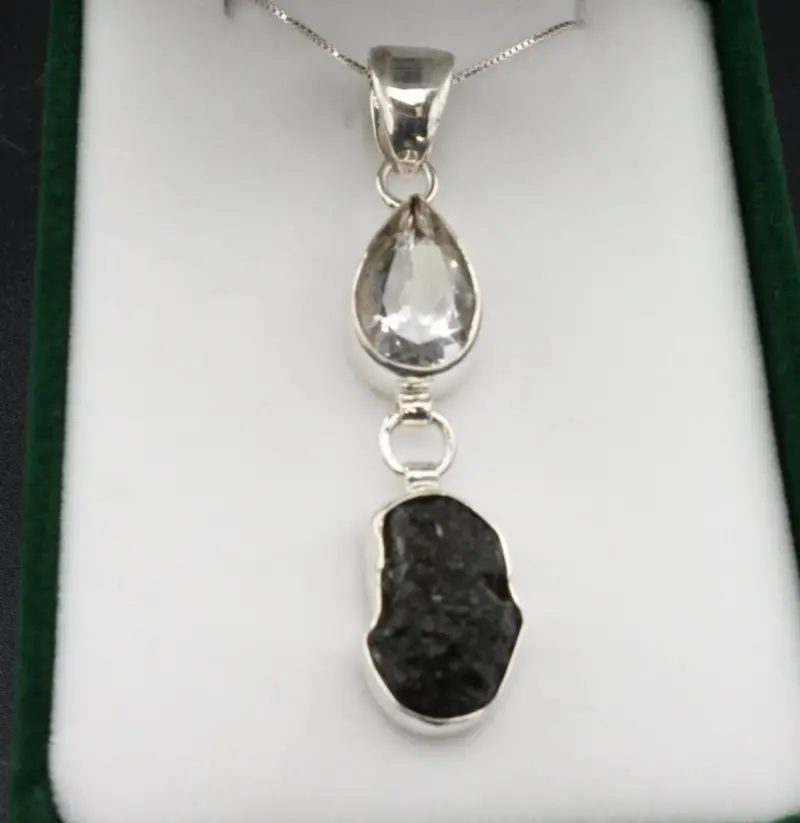 Moldavite And Diamond Pendant On Sterling Silver Chain 1