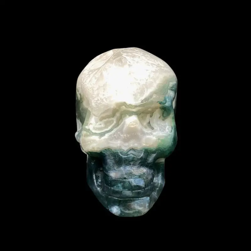 Moss Agate Carved Skull Figurine – Natural Stone Sculpture 1