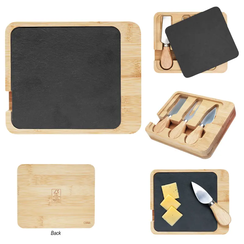 Natural Slate And Bamboo Cheese Serving Board Set 1