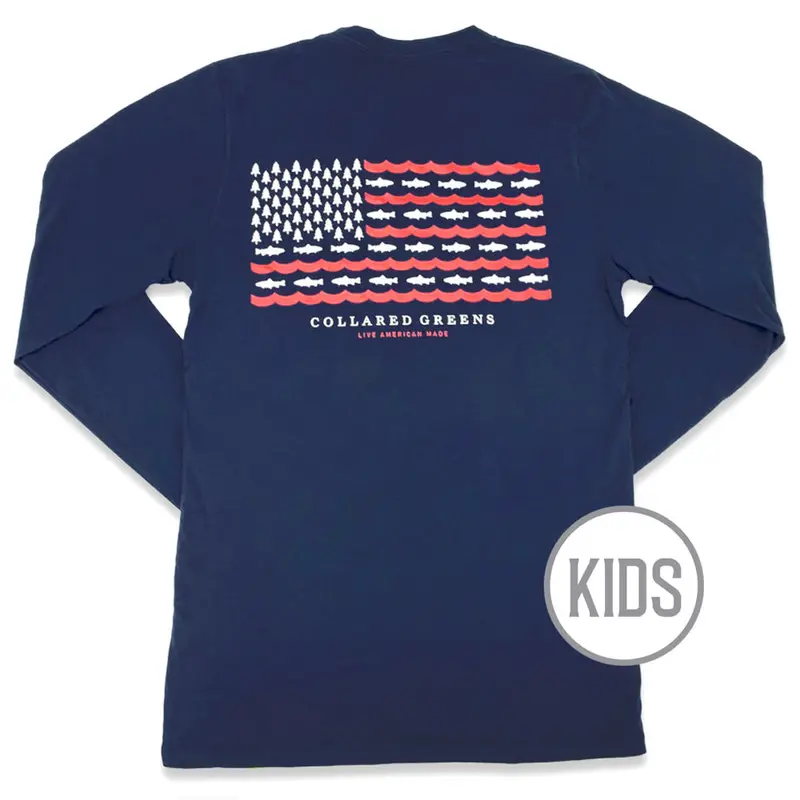 Navy Long-Sleeve Kids’ T-Shirt – Trout Flag Graphic 1