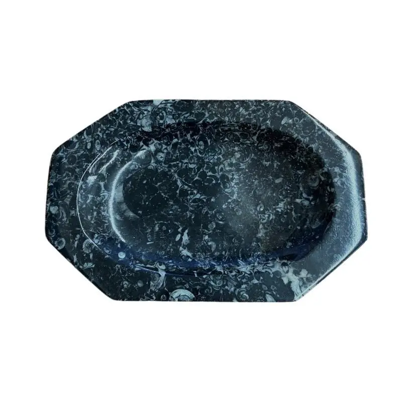 Octagonal Black Fossil Slate Dish – 8-Inch Display Piece 1