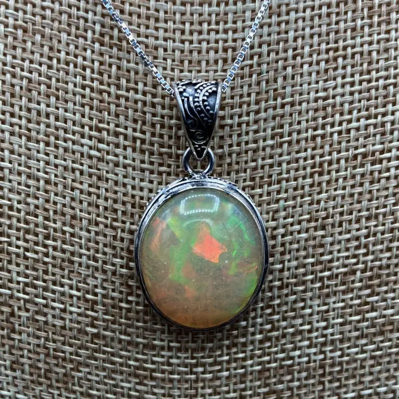 Opal Cabochon Pendant Necklace In Sterling Silver 1