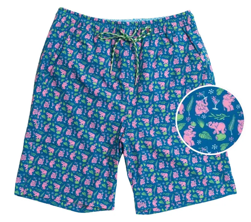 Pink Elephants Blue Swim Trunks 1