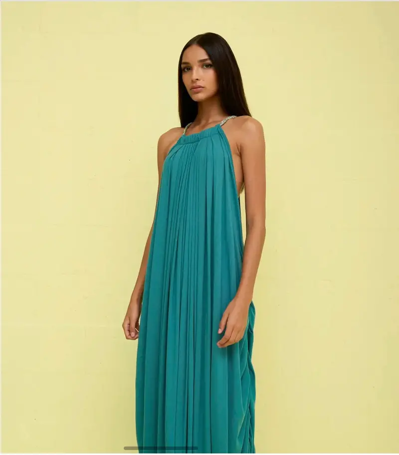 Pitusa Goddess Draped Halter Maxi Dress – Teal, Bhi 1