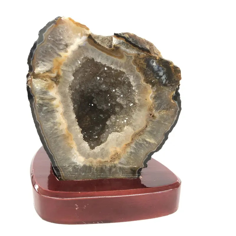 Polished Gray Agate Slice Mounted On Handcrafted Wooden Display Stand 1