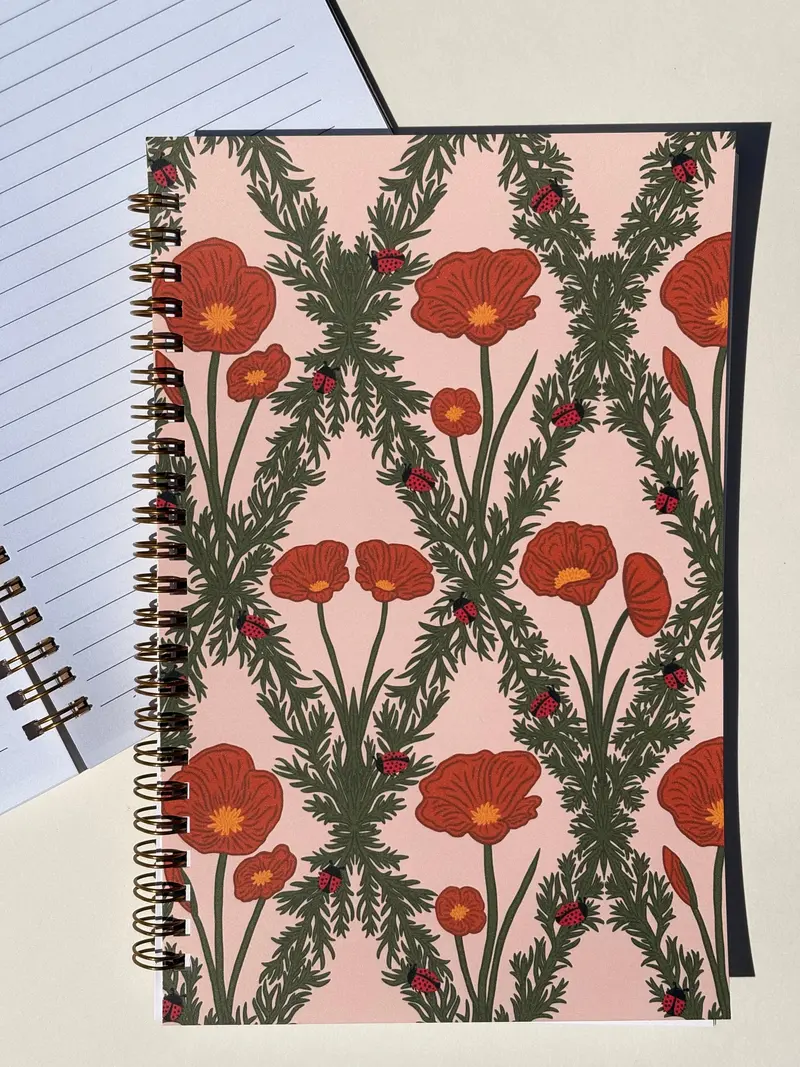 Poppy And Ladybug Spiral Journal – Illustrated Botanical Notebook 1