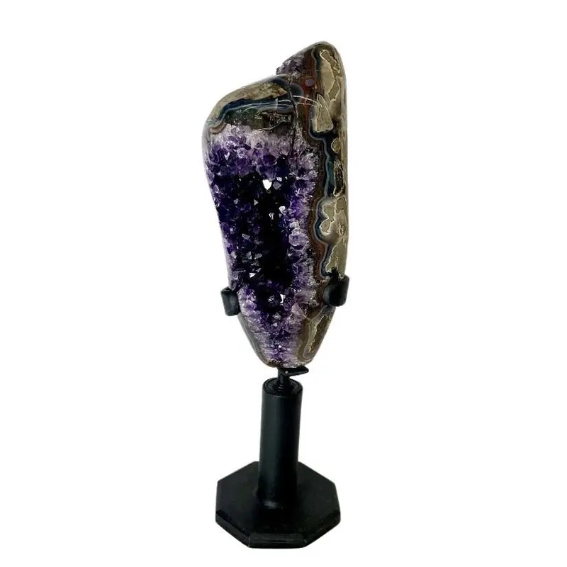 Purple Amethyst Half Geode Display Piece On Black Stand 1