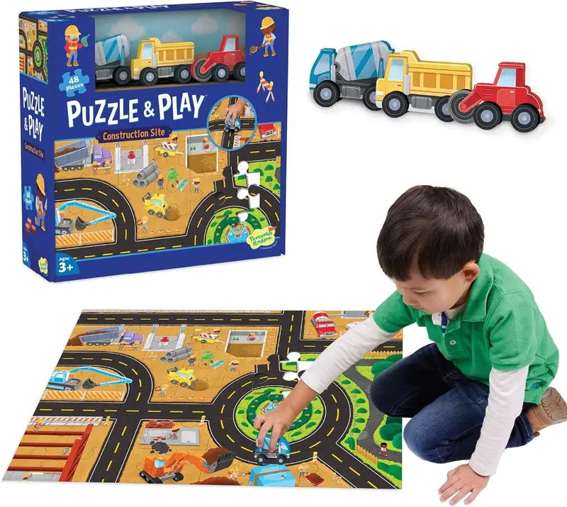 Puzzle & Play Construction Site Floor Puzzle With Wooden Vehicles 1