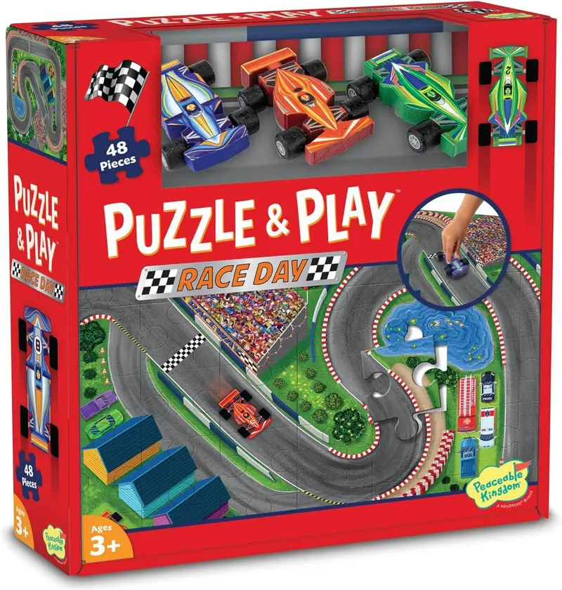 Puzzle & Play Race Day Floor Puzzle Featuring Wooden Toy Cars 1