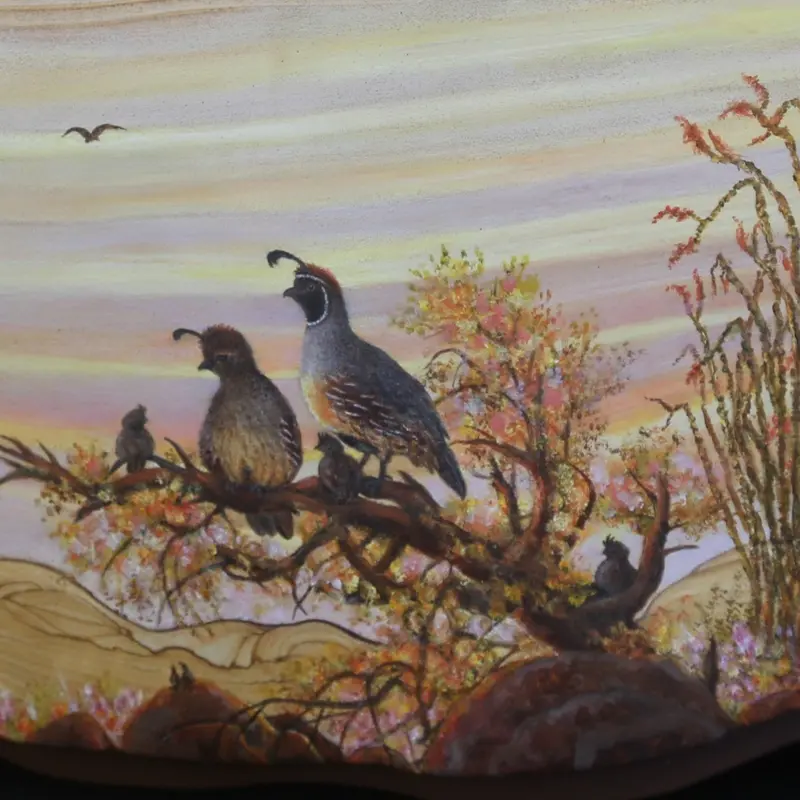 Quail In The Arid Landscape – Hand-Painted Sandstone Wall Decor 1