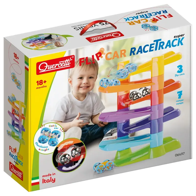 Quercetti Flip Car Racetrack – Interactive Flip-Ramp Vehicle Playset 1