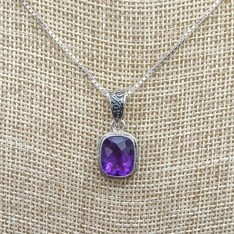 Rectangular Amethyst Pendant Necklace – Sterling Silver 1