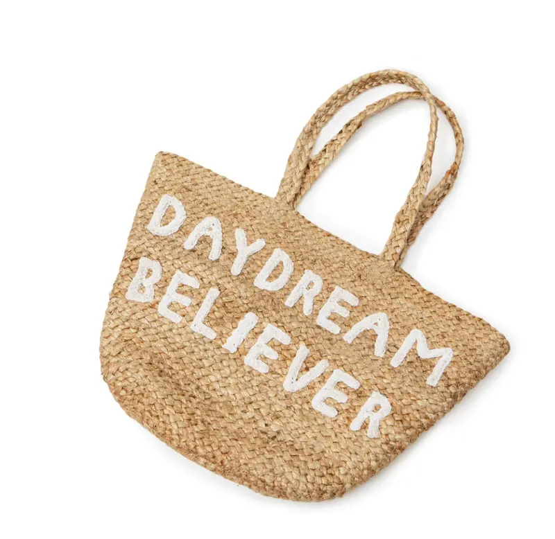 Sugarboo & Co. Jute Tote Bag – 'Daydream Believer' Embroidered, Small Size – Beach House Imports 1