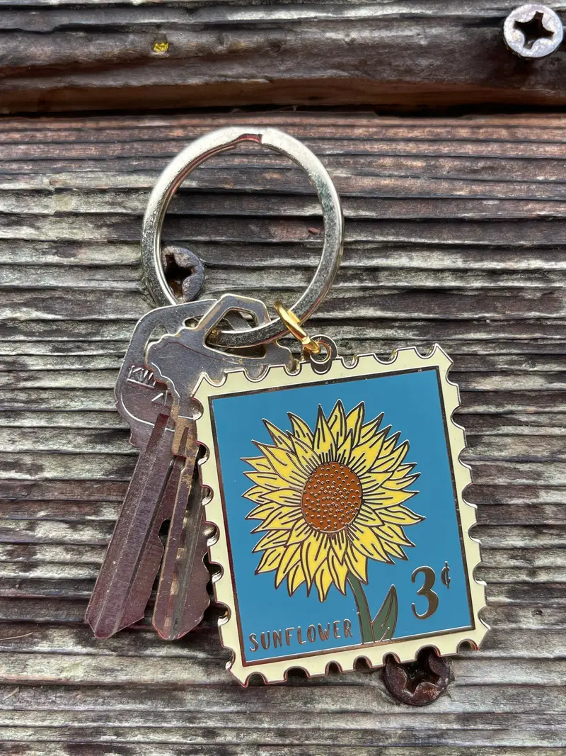 Sunflower Stamp Enamel Keychain – Polished Gold Trim 1