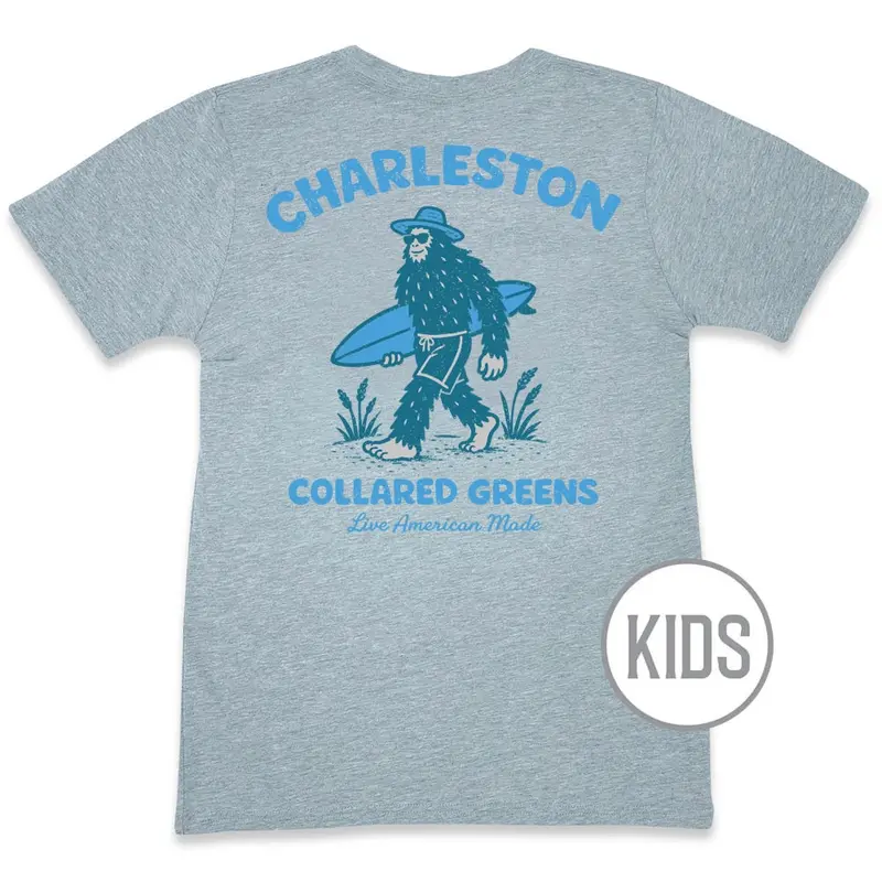 Surfin’ Sasquatch Kids’ T-Shirt – Heather Gray Short Sleeve 1