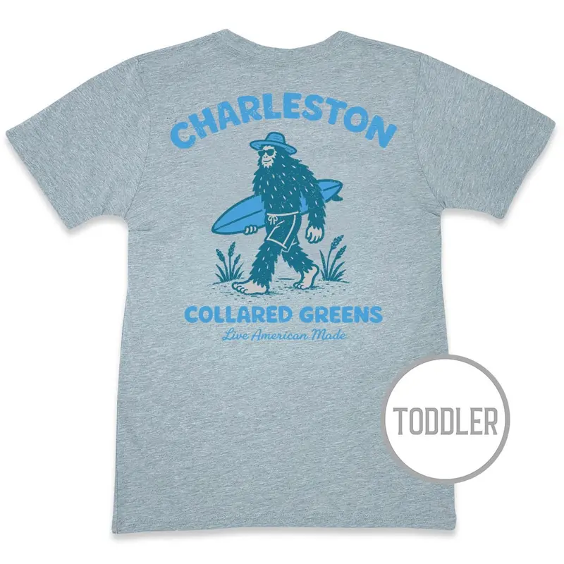 Surfin’ Sasquatch Toddler T-Shirt – Heather Gray Short Sleeve 1