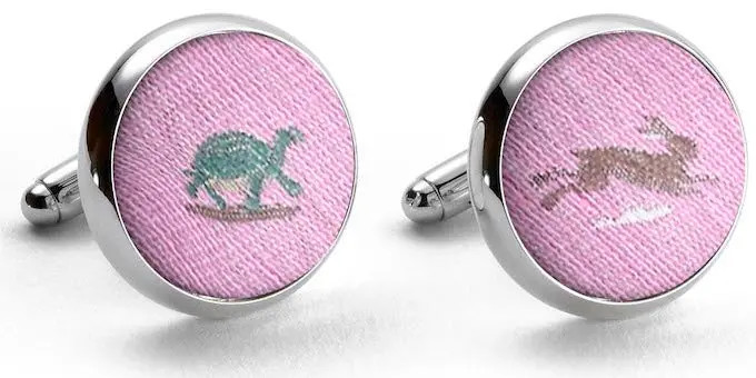 Tortoise And Hare Pink Linen Cufflinks 1