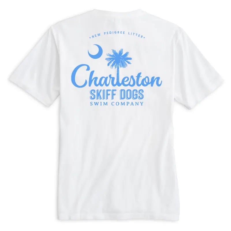 White & Light Blue Pocket T-Shirt – 'Skiff Dogs Hometown' 1