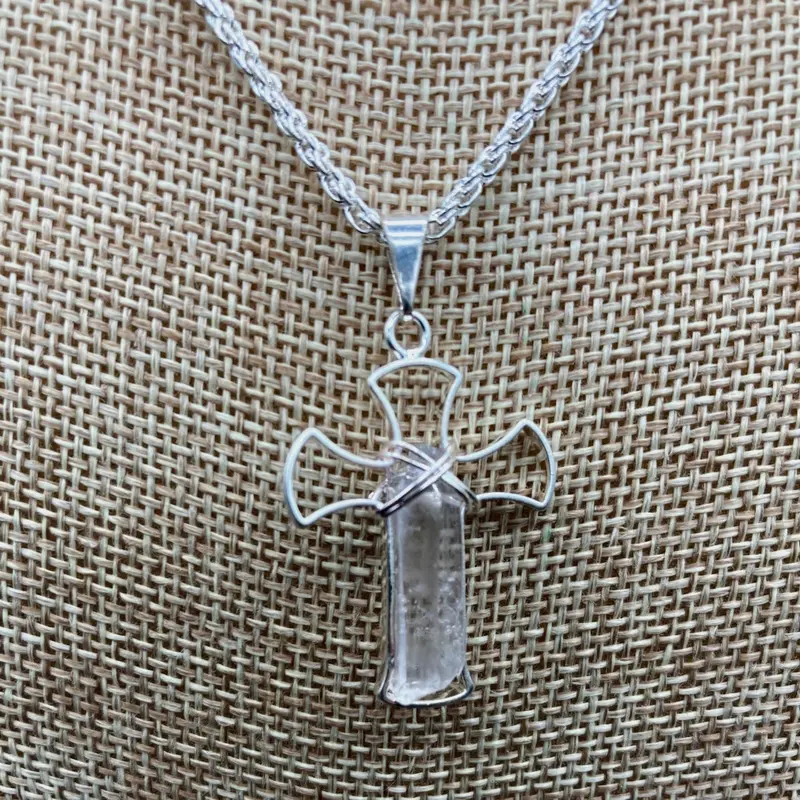 Wire-Wrapped Quartz Crystal Cross Pendant Necklace 1