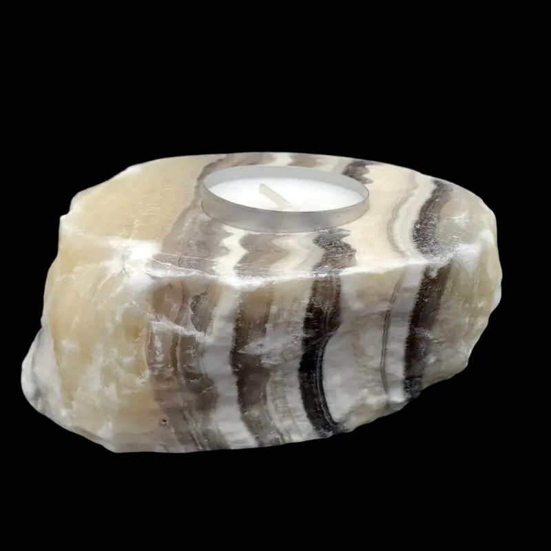Zebra Calcite Candle Holder – Artfully Carved Stone Vessel 1